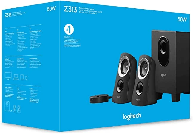 Logitech Z313 2.1 Multimedia Speaker System with Subwoofer, Full Range Audio, 50 Watts Peak Power, Strong Bass, 3.5mm Audio Inputs, UK Plug, PC/PS4/Xbox/TV/Smartphone/Tablet/Music Player - Black
